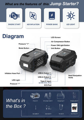 8.0L Benzina Portable Power Bank Multifunzionale Car Jump Starter con compressore d'aria per tutte le auto