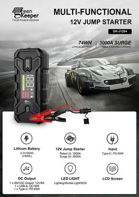 Multifunzione Car Jump Starter 20000mAh Capacità e 3000A corrente di picco per emergenza