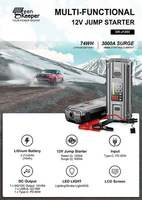 J1203 PD65W 12v 3000A High Power Car Jump Starter con torcia uscita DC per auto piccole