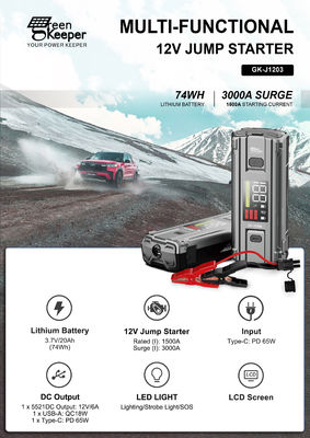 Batteria di emergenza per auto J1203 Peak 3000A 20000mAh Boost Jump Starter per veicoli da 8,0L