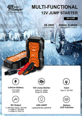 QC 18W Input GreenKeeper UltraSafe Super Capacitor 2000A Battery Jump Starter con luce LED