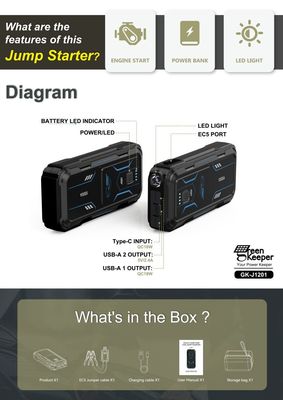 18W di uscita totale batteria di emergenza auto UltraSafe Booster Pack 12V 24V 1000A Jump Starter